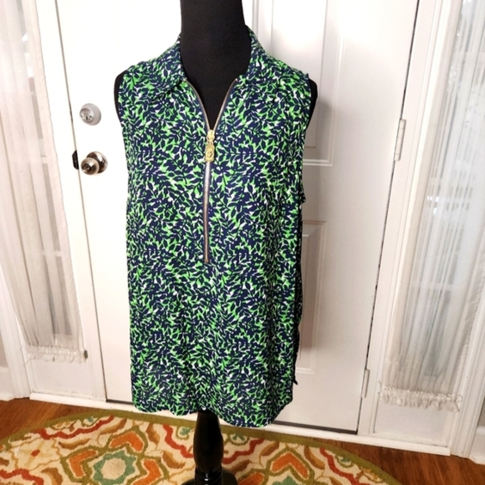 Michael Kors Half Zip Green Sleveless Leaf Pattern Blouse Size Medium